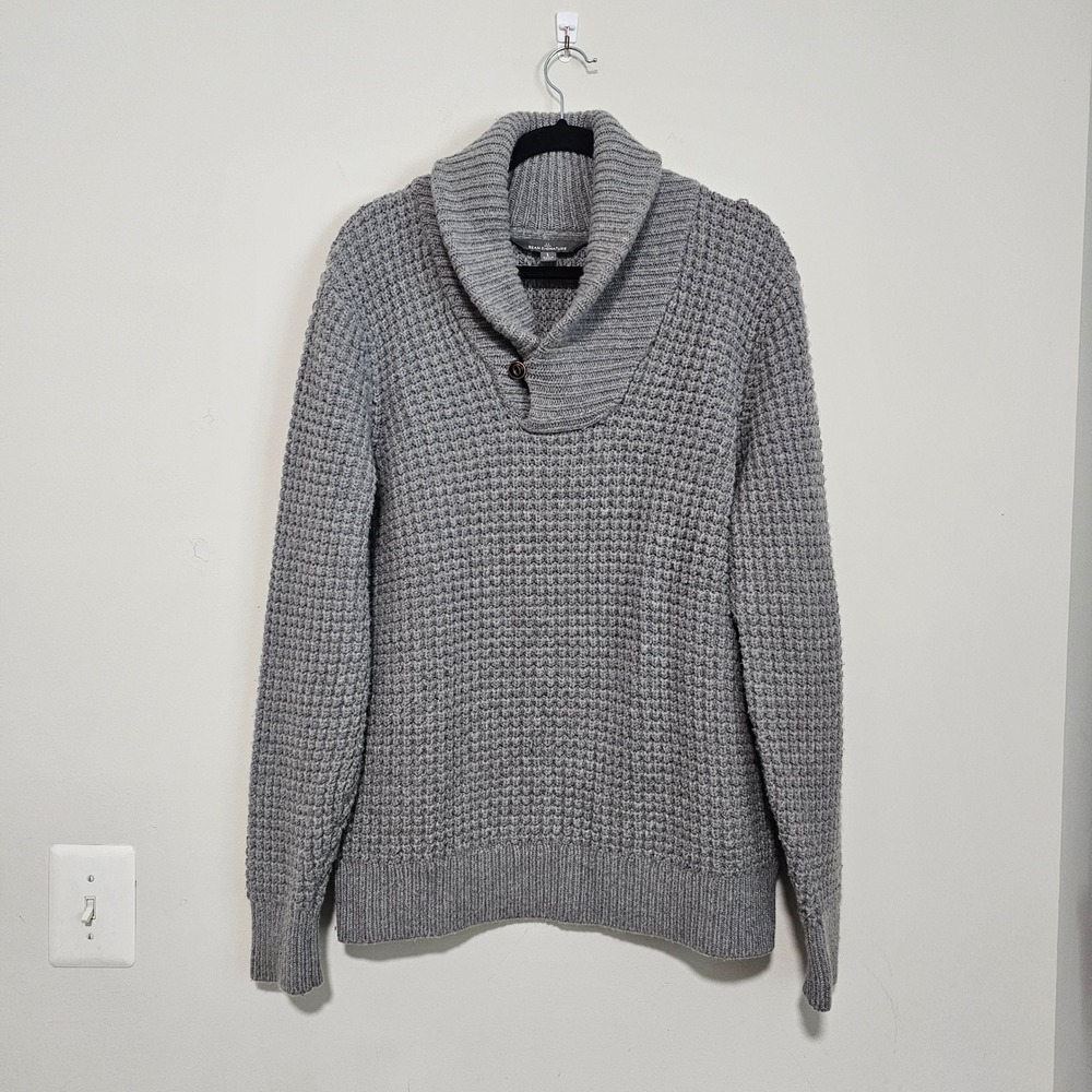 LL Bean Signature Mens Sweater Large Gray Merino Cashmere Shawl Chunky Knit Prep